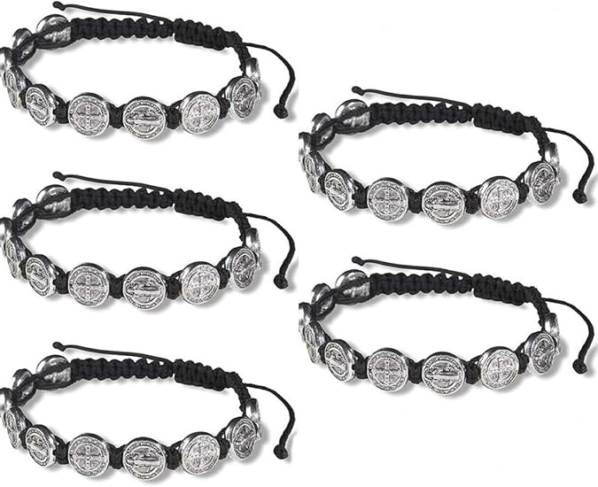 CB Silver Tone Saint Benedict Medal on Adjustable Black Cord Wrist Bracelet, 8 Inch, Pack of 5