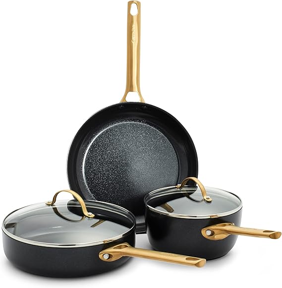 GreenPan Hard Anodized Healthy Ceramic Nonstick 5 Piece Cookware Pots and Pans Set, Gold Handle, PFAS-Free, Dishwasher Safe, Oven Safe, Black
