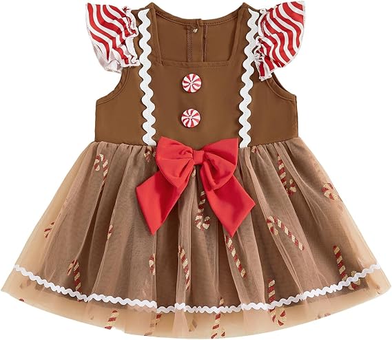 Toddler Baby Girl Christmas Outfit Gingerbread Man Dress Square Neck Fly Sleeve Bow A-Line Tulle Tutu Dress Clothes