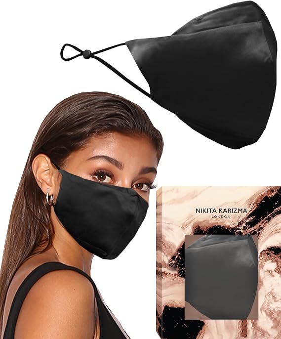 90210 Silk Face Mask (Black). Luxury Fashion Mask, 19 Momme Mulberry Silk, Designer Washable Fabric, Reusable Facemask 6A Grade Fabric