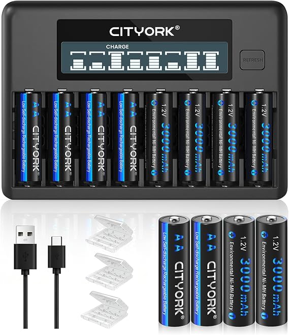 CITYORK 12 Pack Rechargeable AA Batteries with Charger, 1.2V 3000mAh AA Batteries, 8 Bay Smart LCD Display Battery Charger with Discharge Function for Rechargeable AA/AAA NiMH NiCD Batteries
