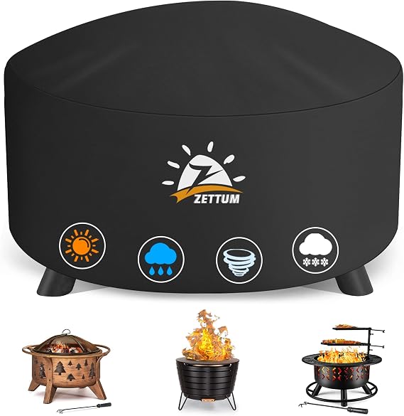 Zettum Fire Pit Cover Round 50 Inch - Outdoor Firepit Cover Heavy Duty & Waterproof, 600D Patio Fire Table Cover Large Gas Fire Pit Accessories Fade & Weather Resistant - 50 x 50 x 24 Inch