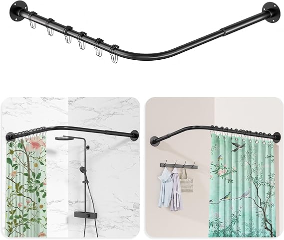 L Shaped Shower Curtain Rail, [60-135cm] x [60-135cm] Adjustable Corner Shower Curtain Rod, Wall Mounted Curved Shower Rail With 12 Rings & Ceiling Support For Bathroom Bathtubs, Need Drilling, Black