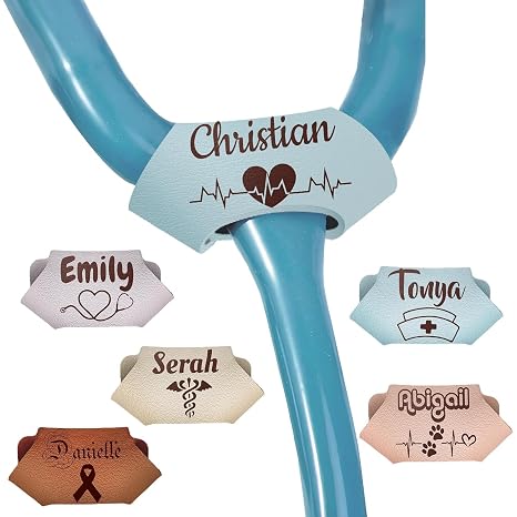 Personalized Stethoscope Leather Engraved Name ID Tag Badge Custom Stethoscopes Nameplate Accessories Nurse Charms Work Gifts for Doctor (Blue)