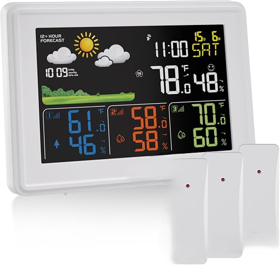 Wireless Weather Station Indoor Outdoor with 3 Remote Sensors, Atomic Weather Clock, Digital Barometer, Temperature Humidity Monitor, Weather Forecast Station for Home, Bedroom, Patio