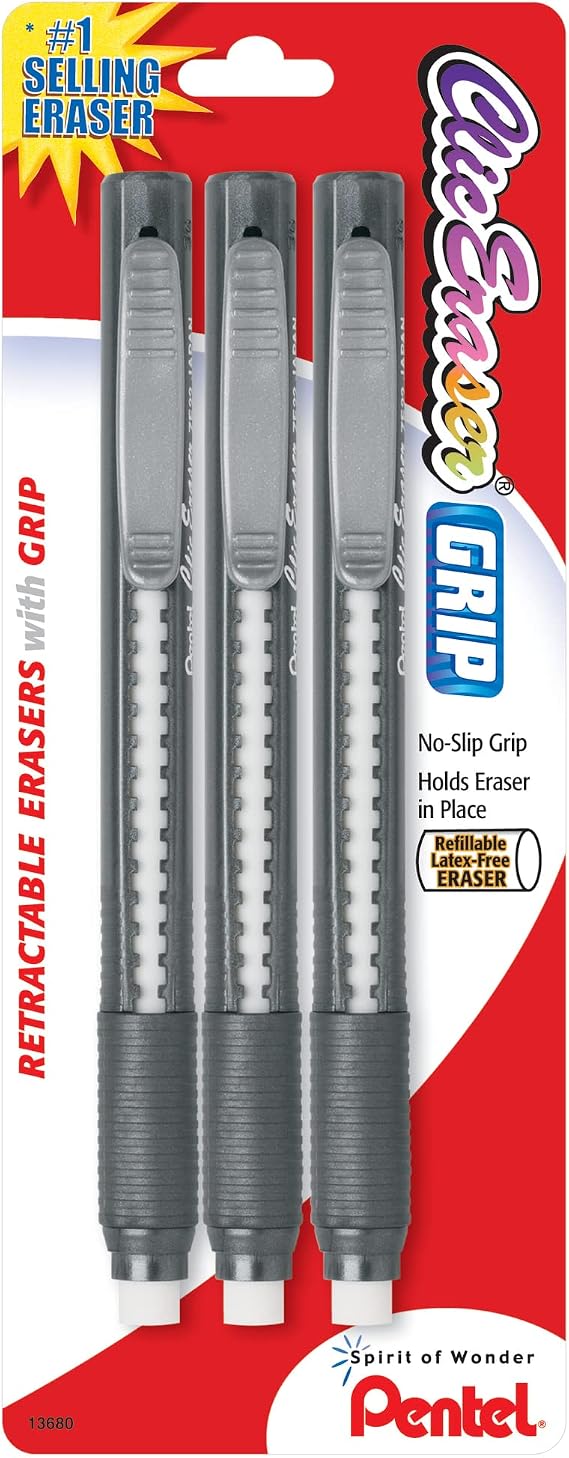 Pentel Clic Retractable Eraser with Grip, Assorted Barrel Colors, Pack of 3 (ZE21BP3K6)