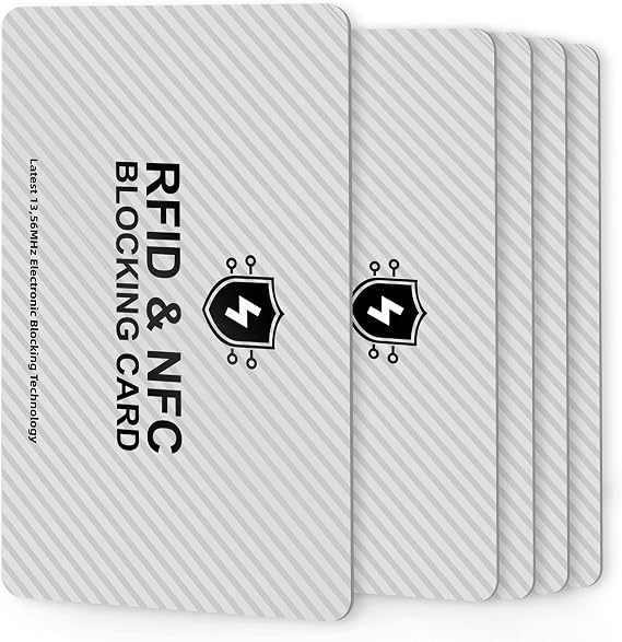 RFID Blocking Cards, Premium Contactless NFC Debit Credit Card & Passport Protector Blocker Set for Men & Women - Smart Slim Design 2 Card Protects Entire Wallet/Purse Safe -Silver 5 pack