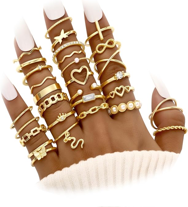FAXHION 24-60 Pcs Gold Stackable Rings for Women, Knuckle Rings Chunky Gold Ring Set Dainty Stacking Cute Rings, Multiple Sizes Cute Jewelry Set Gift