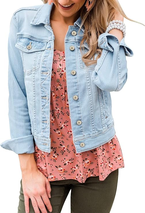 LookbookStore Jean Jacket Women Classic Button Up Fitted Fall Denim Jackets