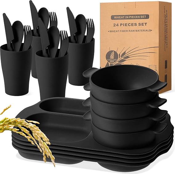 Honoson 24 pcs Wheat Straw Dinnerware Set for 4, Unbreakable, Black