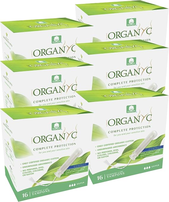 Organyc - 100% Certified Organic Cotton Tampons - Plant-Based Eco-Applicator (Super Flow, 96 Count (Pack of 6))