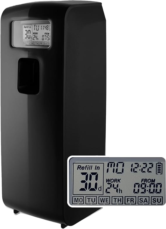 Programmable Commercial Air Freshener for Businesses or Home, Black LCD Automatic Bathroom Air Freshener Spray Dispenser- Schedule by Day, Time Period, Spray Frequency- Plus Days to Refill Countdown