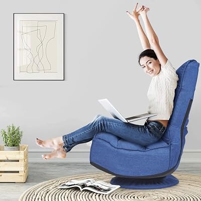FANTASK 360 Degree Swivel Floor Chair, Folding Floor Sofa w 5 Adjustable Positions & Backrest, Lazy Lounge Chair for Relaxing Reading Gaming TV Watching Navy Blue