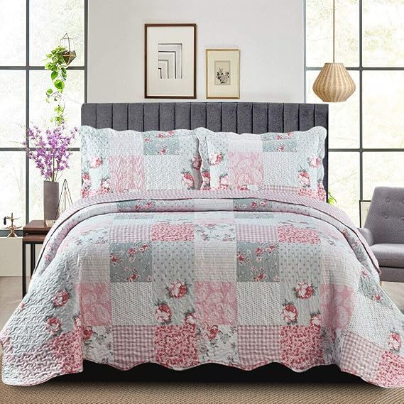 B&B Patchwork Quilt Bedspread Super King Size Bed - 3 Pcs Box Pattern Thick Cotton Filling Bed Warmer Large Blanket Bed Spread With Quilt Fabric 2 Pillowcase - Floral Grey