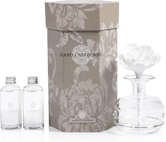 Zodax Grand Casablanca Porcelain Oil Diffuser - 6.76 oz -Tahitian Gardenia | Porcelain flower diffusers for home, Lush tropical floral and citrus fragrance, Gift box included, Ideal for gifting