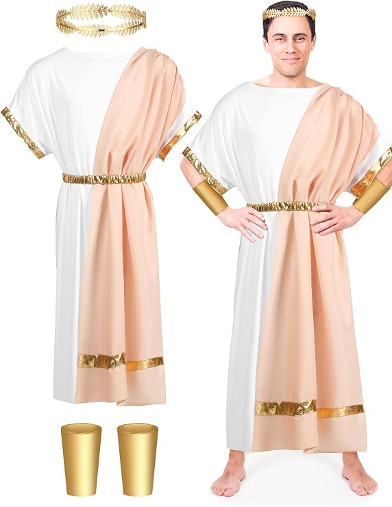 Panitay 4 Pcs Men Greek Costume Set Adult Classic Toga Cosplay Roman Costume with Belt Gold Crown and Wristband