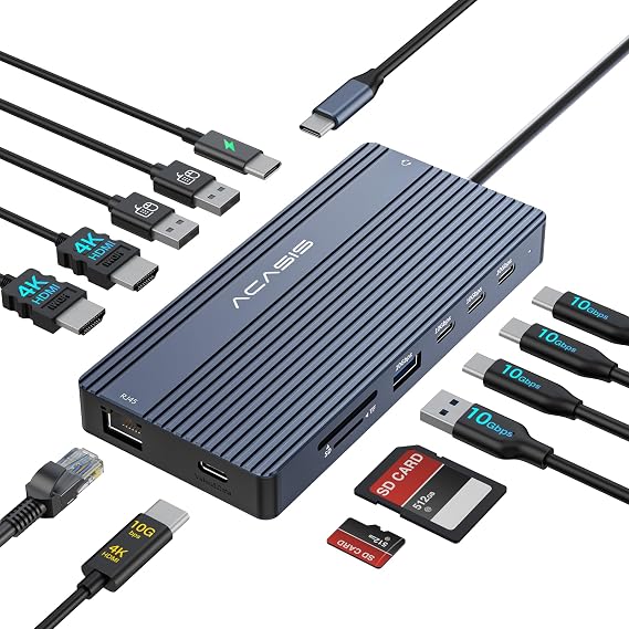 ACASIS USB C Hub with 4K Video Output USBC Splitter with 2*HDMI+4 * 10Gbps Data Transfer+Ethernet+SD/TF+Audio+PD100W Docking Station Dual Monitor for Laptop, Portable Monitor and More Type C Devices