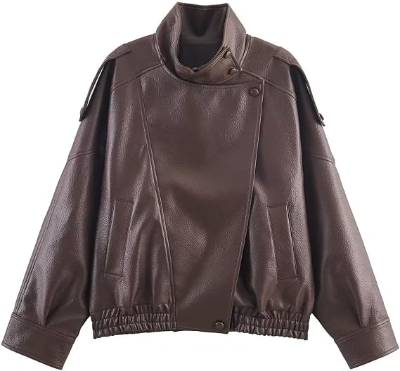 Women's Faux Leather Motorcycle Jacket Trendy Fall Spring Clothes Oversized Zip Up Winter Coat Outerwear with Pocket
