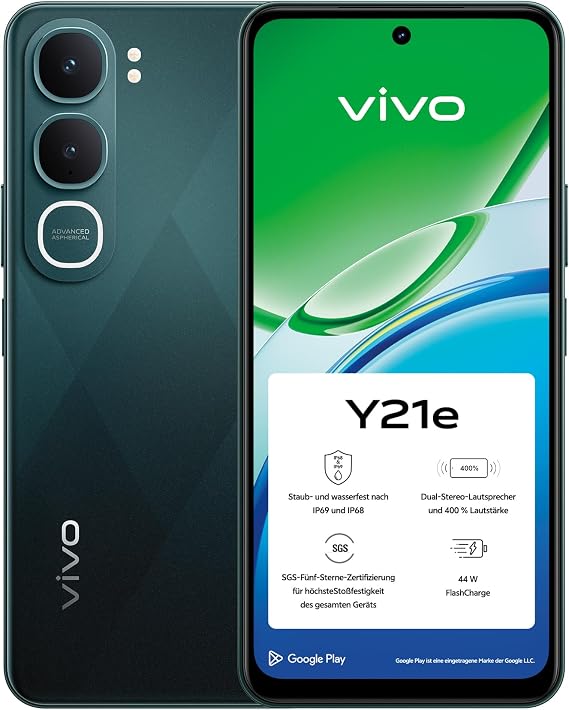 vivo Y21e Smartphone 4 GB + 128 GB IP69+ 44W FlashCharge Dual SIM 50 MP AI Kamera|5200 mAh BlueVolt Akku|Dual Stereo Speaker