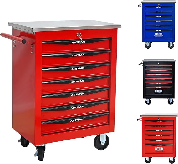 Rolling Tool Chest,Stainless Steel Worktop,Red,7Drawer