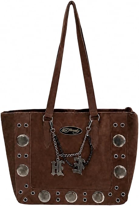 ED HARDY Studded Tote Shoulder Bag with Chain Charm Gothic Logo Large Carryall Handbag