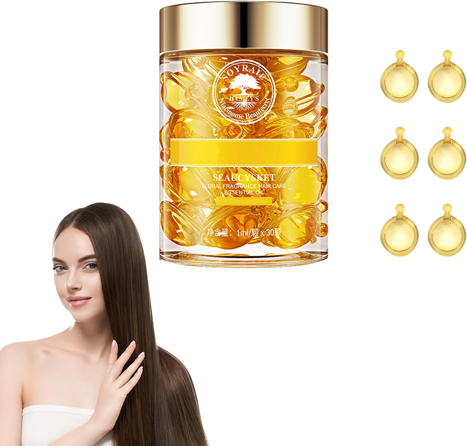 DMQ Capsules for Hair Care, Hair Oil Serum, 30PCS Hair Care Moisturizing Anti Frizz Hair Break Essential Oil for Hair, Improves Dryness and Frizz Yellow