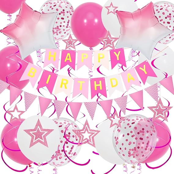 Pink Birthday Decorations, Happy Birthday Banner & Pink Star Balloons, Glitter Hanging Stars with Hanging Swirls, Bunting Banner, for Women & Teen Party Decoration