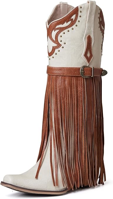 SaraIris Women's Western Bootie, Fashion Pointed Toe, Chunky Heel, Embroidered, Fringe, Pull-On, Mid Calf Boots, 2.75 inches, Knee High, PU, Denim, Rubber