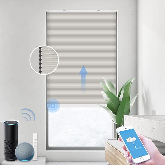 THIRDREALITY ZigBee Smart Blind, Motorized Blackout Window Shades with Remote, Cordless Honeycomb Blinds, Automatic Height Setting, AA Batteries Powered, 20" W x 72" H Beige/White
