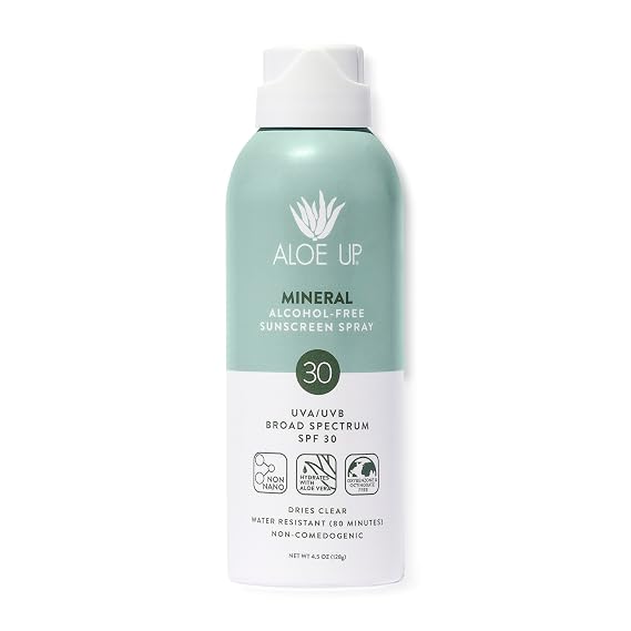 Aloe Up Mineral Sunscreen Spray SPF 30, Zinc Oxide, 4.5 oz | Broad-spectrum mineral SPF 30; Gen2 zinc oxide, dries clear; formula; Water resistant up to 80 min; 4.5 oz