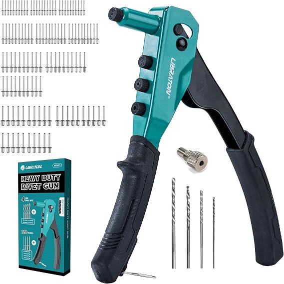 LIBRATON Rivet Gun Kit, Pop Rivet Gun, Heavy Duty Rivet Tool, Hand Riveter | Professional Manual Riveting Tool with 120 Blind Rivets, 4 HSS Drill Bits, 4 Tool-free Interchangeable Heads, for Automotive