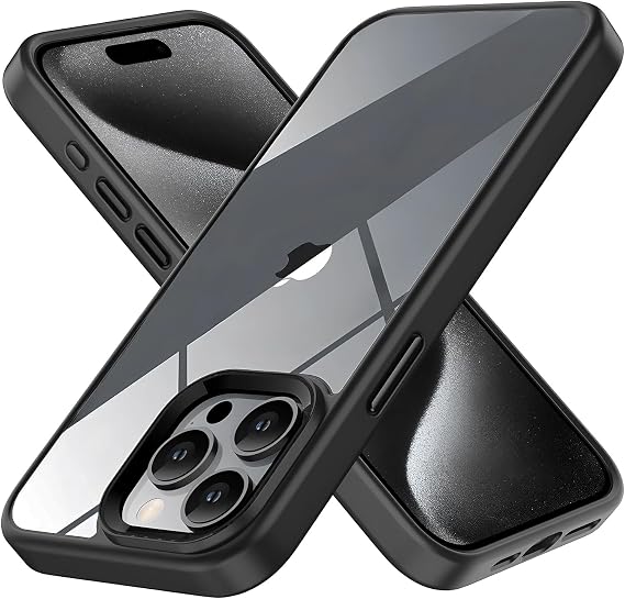 Minesk iPhone 15 Pro Max için Hybrid Serisi Arkası Kristal Şeffaf Polikarbonat Kenarları Silikon Kamera Lens Çerçevesi ve Tuşları Metal Yüksek Kalite Şeffaf Silikon Kılıf (Siyah, Klasik)