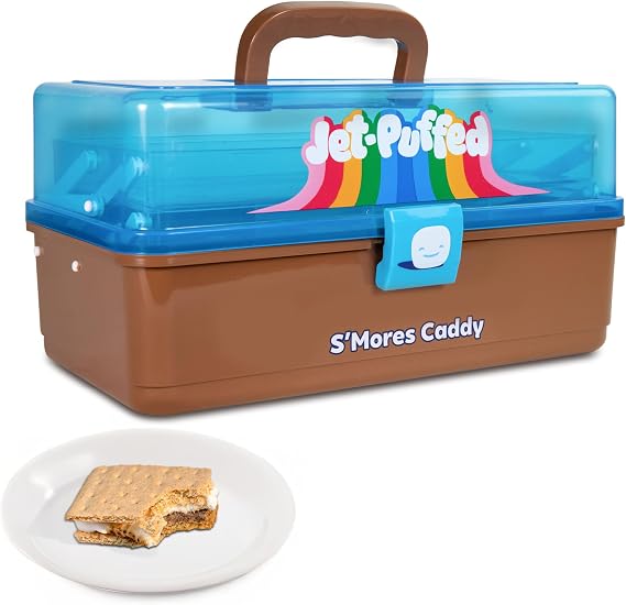 Nostalgia Jet-Puffed Lighted Smores Caddy, Essential Marshmallow Roasting and Smores Making Supplies for Camping, Vacation, and Backyard Bonfires, Carry Handle, Retractable Trays, and Carry Handle