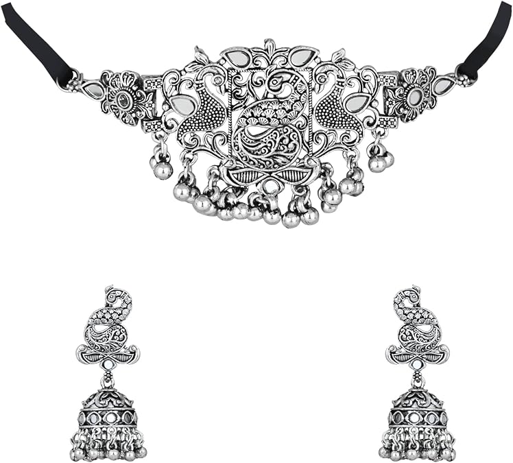 I Jewels Indian Wedding Bollywood Ethnic Silver Oxidised Design Ghungroo Necklace Jewellery Set With Earrings