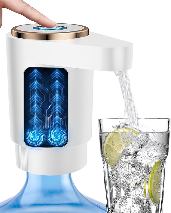Water Jug Pump for 5 Gallon Bottle Portable Electric USB-C Charging Dispenser, Dual Powerful Motors, Fast Flow, Fits 2-5 Gallon Jugs Ideal for Home, Office, Camping, RV, White