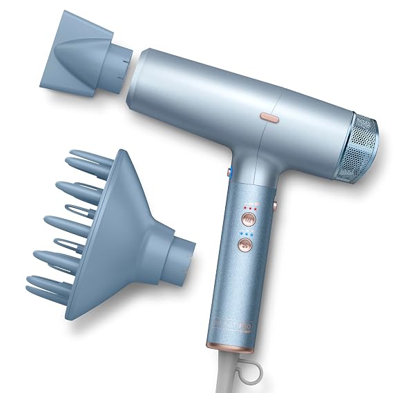 Infiniti PRO CONAIR Digital Dryer, Frizz-Reducing Ionic Hair Blow Dryer with Diffuser and Concentrator Attachments, Up to 5X More Speed and 90,000 RPMs for Advanced Drying Power, Blue