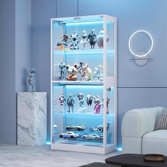 LUXOAK Glass Display Cabinets, 70" Extra Tall Display Case with 7 Color Lights and APP Control, Adjustable Shelves for Figures, Models & Collectibles, Easy Assembly, White