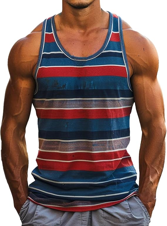 LCMTWX Mens Tank Tops Casual Mens Casual Fashion Striped Color Blocking Loose Fitting Sports And Fitness Muscle Tank Top