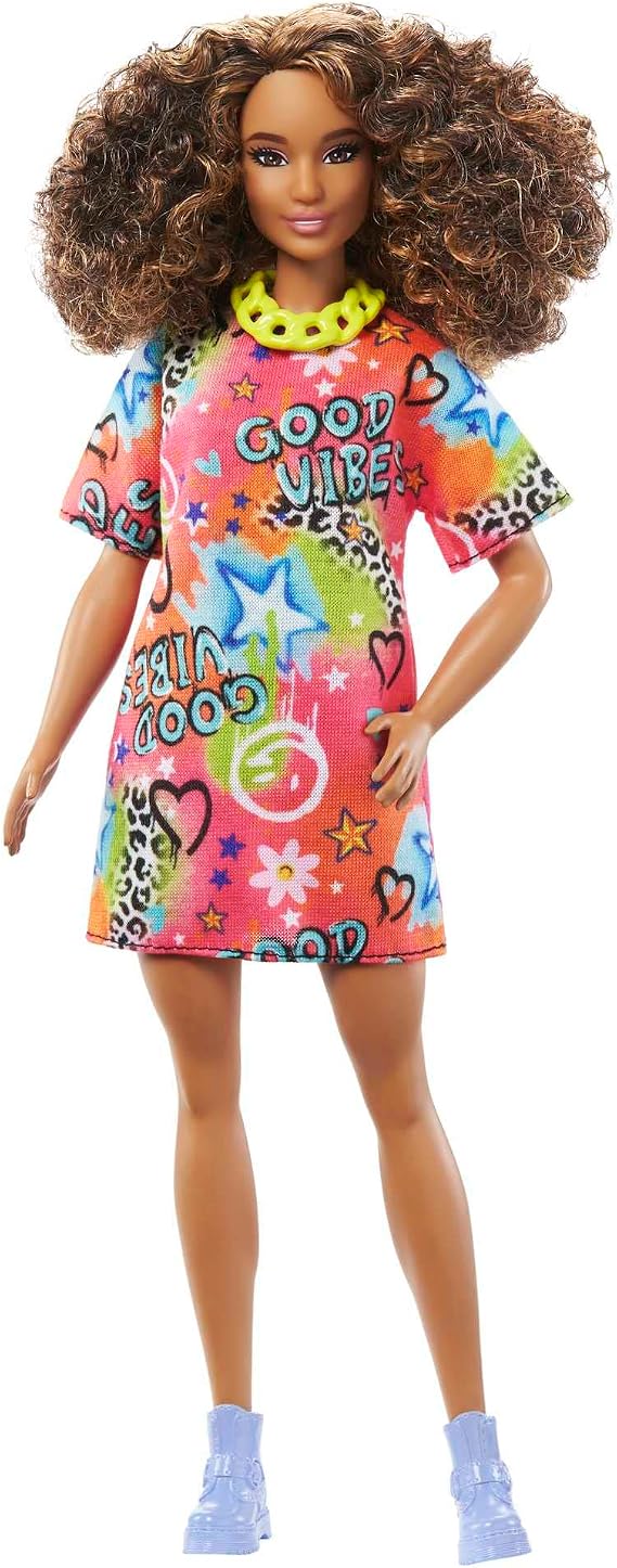Barbie Fashionistas Doll #201, Athletic Body with Curly Brunette Hair, Graffiti-Print Dress & Accessories Including Boots & Chain Necklace