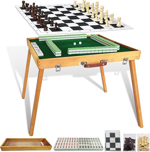 Foldable Mahjong Table with Mahjong Tiles Set,Portable Majong Table with 144pcs Majiang Tiles,1x Storage Box, 1x Storage Bag and 4 All in One Racks and Pushers[麻将套装]