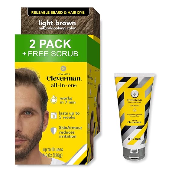 Cleverman 2 Pack - Reusable Hair & Beard Dye for Men Light Brown + 1 Free Energizing Face & Beard Scrub