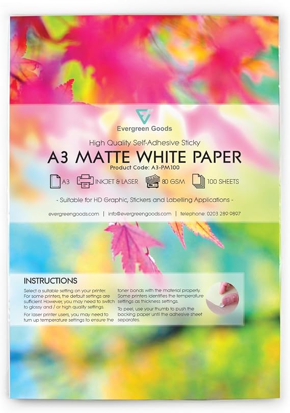 Evergreen Goods A3 White Matte Self-Adhesive Sticker Paper | 100 Sheets | Inkjet & Laser Printers | Sticky Back Printable Paper | Ideal for Custom Labels, Signs & Crafts | 420 x 297mm