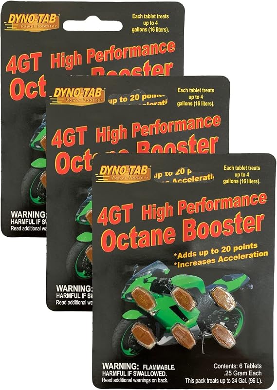 4GT Motorcycle Octane Booster. Six 1/4-gram Tablet Card, 3-Pack. Adds up to 17 Points. Lab Tested, Fast Dissolving, Each Tablet Treats up to 4 gal/16 liters. 45431-3pk