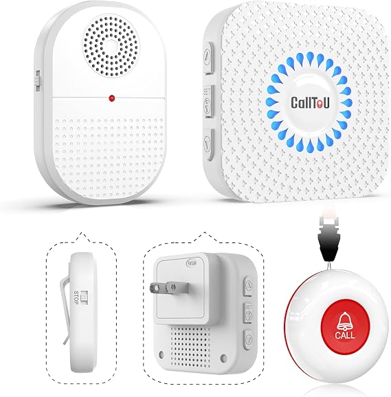 CallToU Caregiver Pager, Wireless Call Buttons, Portable & Plug-in Alerts | Battery-Powered Vibration for Seniors at Home; Outlet Sound/Flash Chime; Bedside, Bathroom & Multi-Room Use; 500FT Range