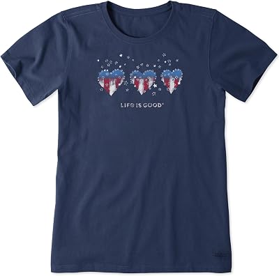 Life is Good. Womens Americana Hearts Stars and Stripes Crusher Tee, Darkest Blue
