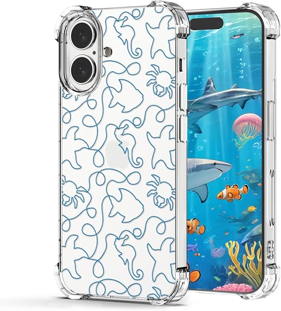 Compatible with iPhone 16 Plus Clear Case Line Art,Aesthetic Blue Ocean World Pattern Design Women Girls Soft Shockproof Cover Protective Phone Case for iPhone 16 Plus Teens