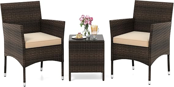 RELAX4LIFE 3-Piece Patio Furniture Set - Rattan Wicker Outdoor Conversation Set w/Cushions & Glass Coffee Table, Balcony Furniture for Porch Garden Backyard, Bistro Table and Chairs Set of 2 (Beige)