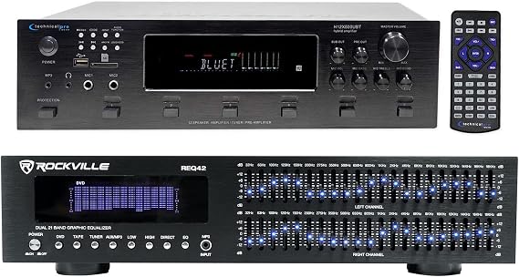 Technical Pro H12X500UBT 6000w 6-Zone 12-Speaker Bluetooth Home Theater Receiver Receiver Bundle with Rockville REQ42-B Black 19" Rack Mount 2 x 21 Band Equalizer w/Spectrum Analyzer