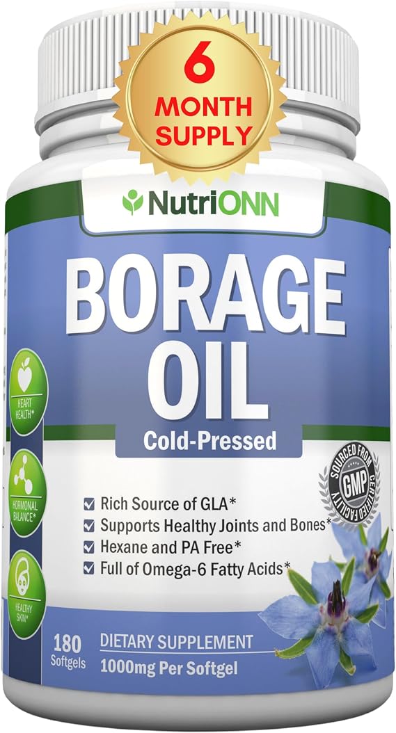 NutriONN Borage Oil - 1000 mg - 180 Softgels - Cold Pressed High GLA Borage Seed Oil - Hexane and PA Free - Great for Skin, Hair and Bones.