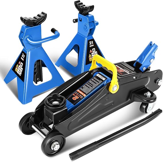 DNA Motoring 2 Ton Car Jack and Stands Kit Blue | 2T(4000 lbs) Capacity Low Profile Hydraulic Trolley Service/Floor Jack with 2 Ratchet Stands Combo for Home Garage Shop